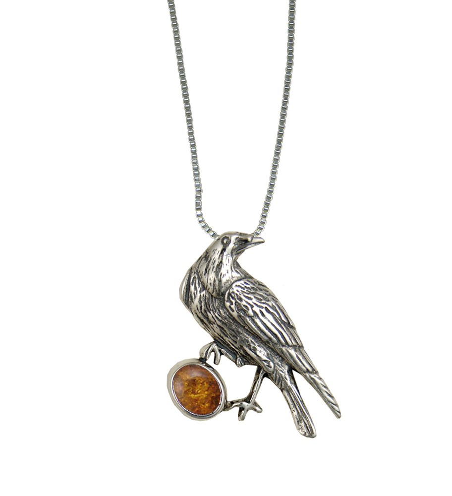 Sterling Silver Raven Pendant With Amber